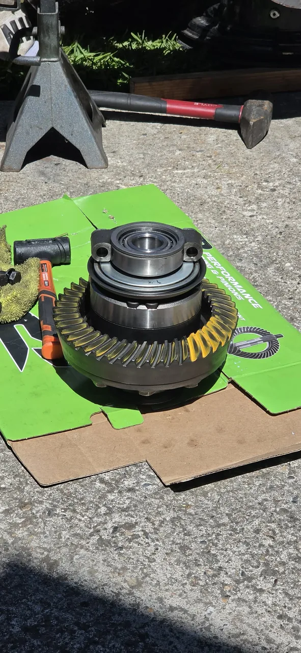 Differential components and ring gear laid out for a rebuild