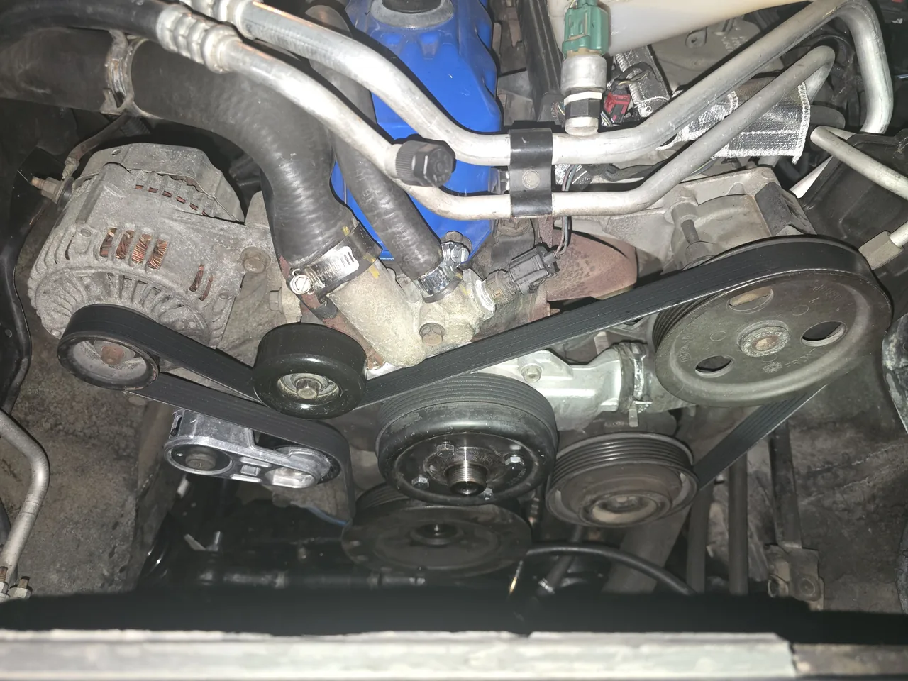 Serpentine belt routed around the alternator and pulleys
